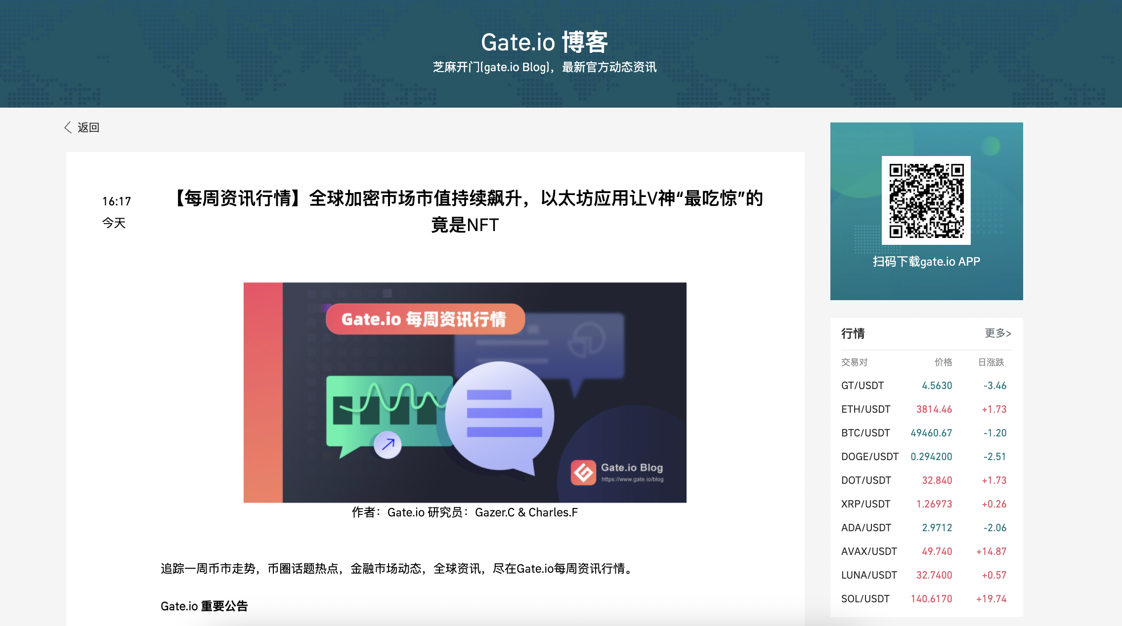  Gate.io博客：【每周资讯行情】全球加密市场市值持续飙升，以太坊应用让V神“最吃惊”的竟是NFT